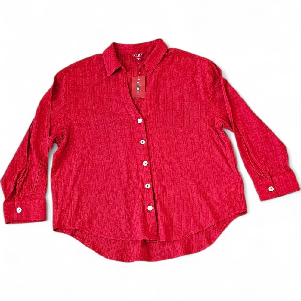 Guess Red Ribbed Button Down Blouse Sizd M